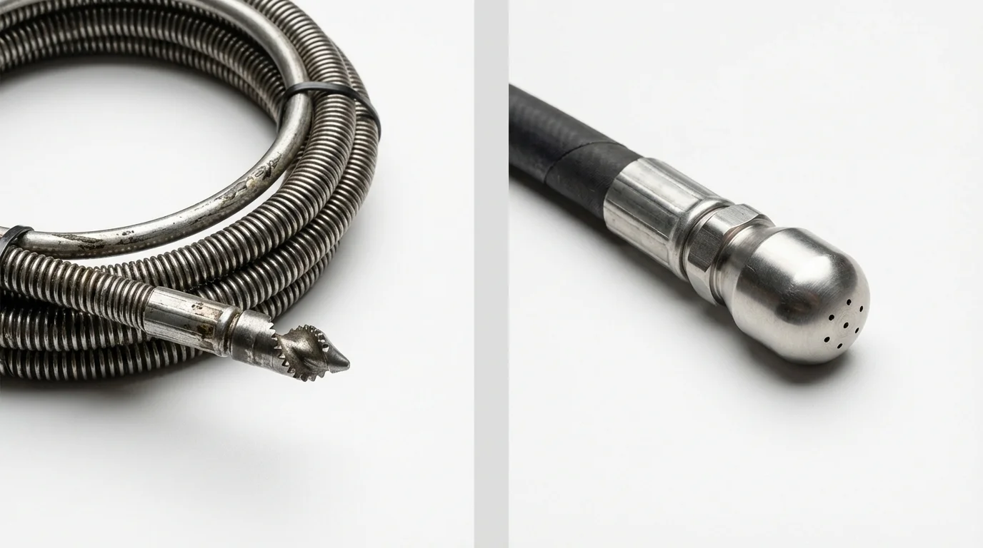 Drain snake cable and hydro jetting nozzle used for drain cleaning in Atlanta, GA
