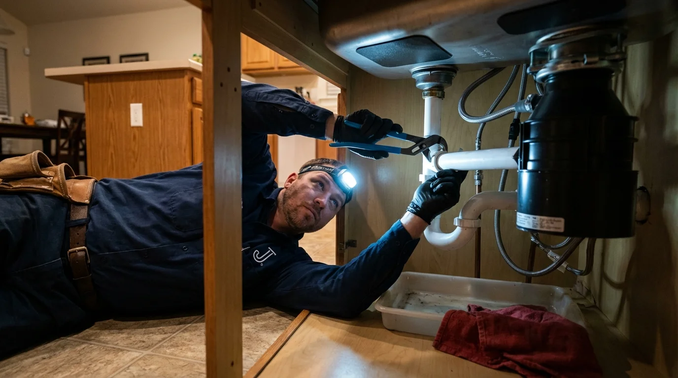 P-trap and supply line connections under a kitchen sink showing a common leak point in Atlanta, GA